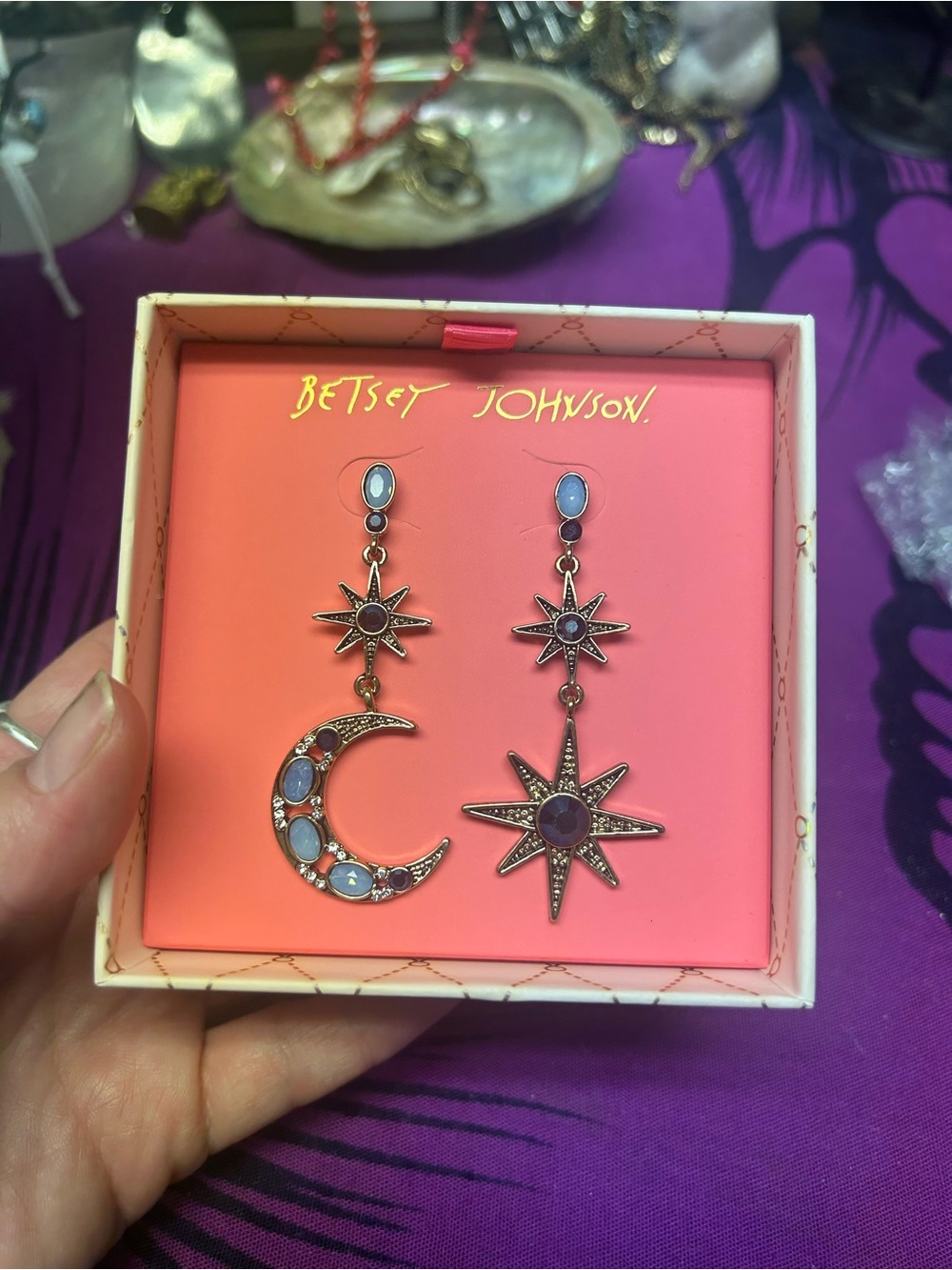 NIB Betsey Johnson CELESTIAL STAR AND MOON MISMATCH-EARRINGS BLUE